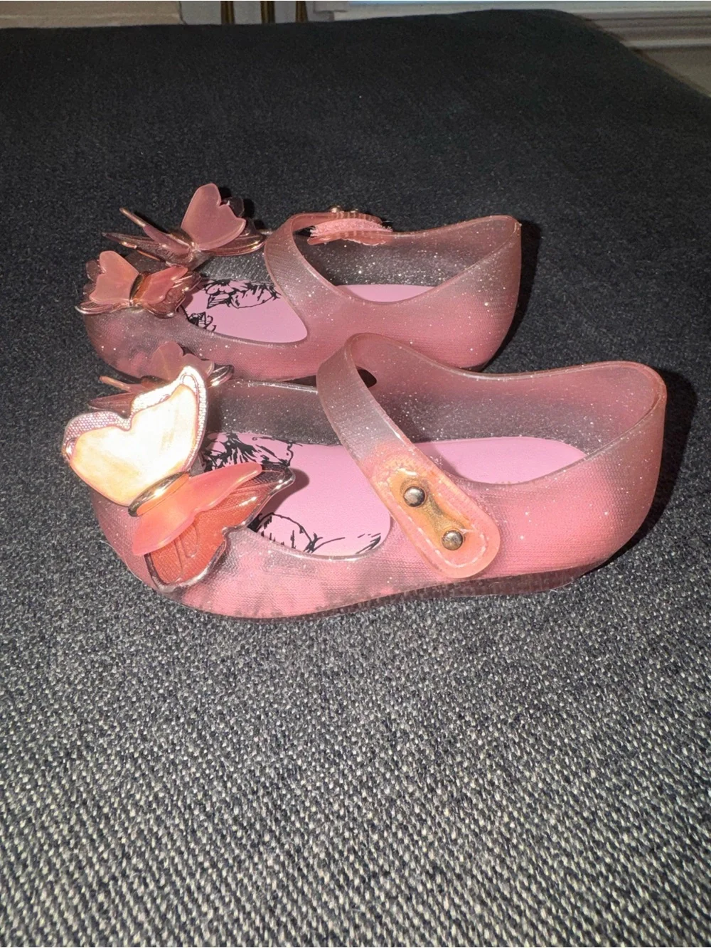Mini Melissa Glitter Pink Jelly Mary Jane Sandals with Butterfly Embellishments